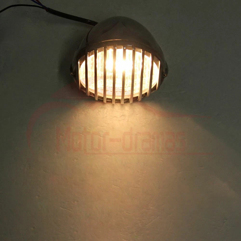 Motorcycle Amber Finned Grilled Headlight Lamp For Harley Bobber Chopper Cafe