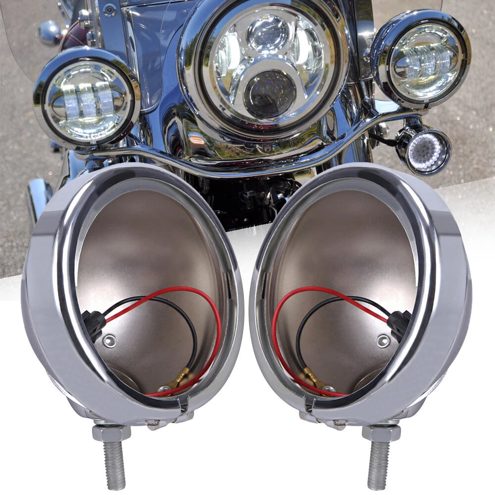 4.5" Inch Motorcycle LED Fog Passing Lights Auxiliary Lamp Chrome Housing Bucket