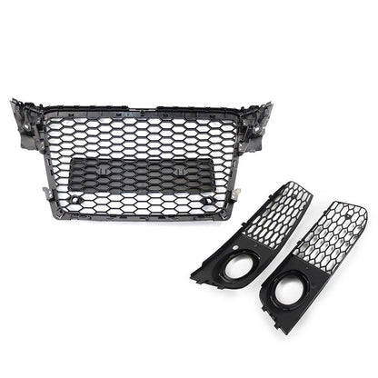 Front Honeycomb Grille Fog Light Covers Set For Audi A4 2009-12 Chrome and Black