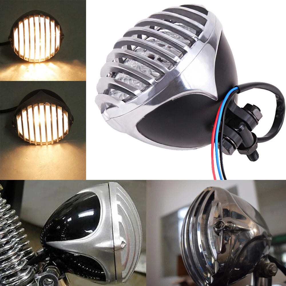 Motorcycle Headlight L/H Lamp Finned Grill For Harley Chopper Bobber Cafe Racer
