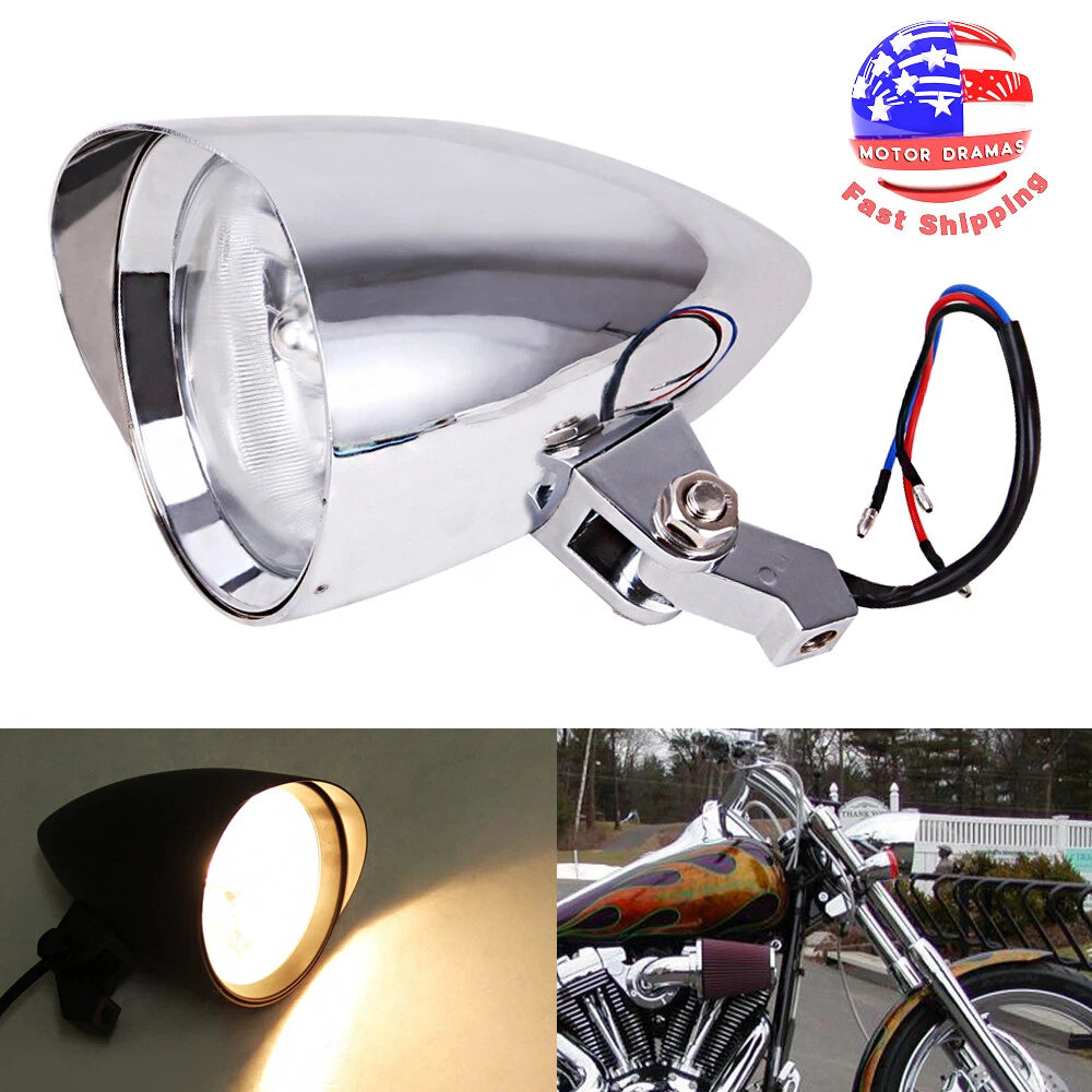 Chrome Bullet Tri Bar 4.5" Headlight For Harley Chopper Sportster Dyna Softail