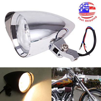 Chrome Bullet Tri Bar 4.5" Headlight For Harley Chopper Sportster Dyna Softail