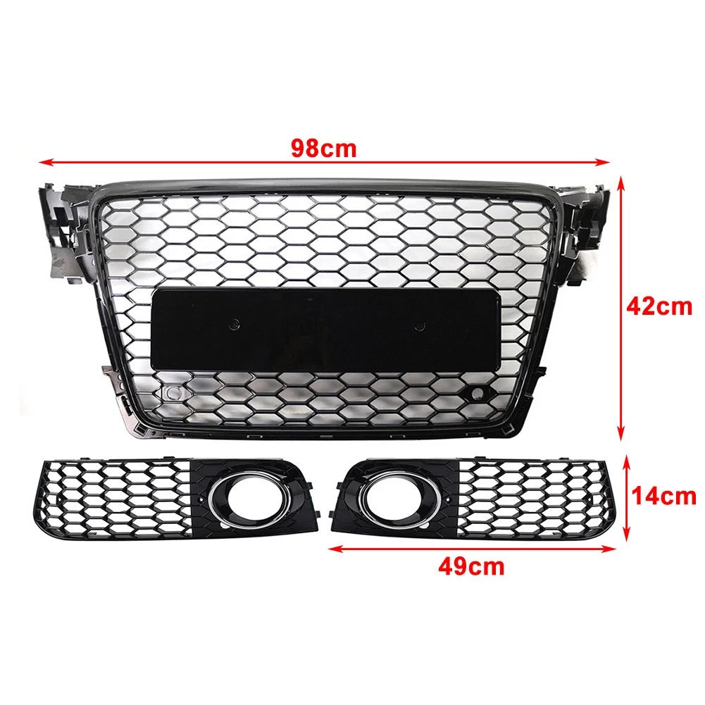 Front Honeycomb Grille Fog Light Covers Set For Audi A4 2009-12 Chrome and Black