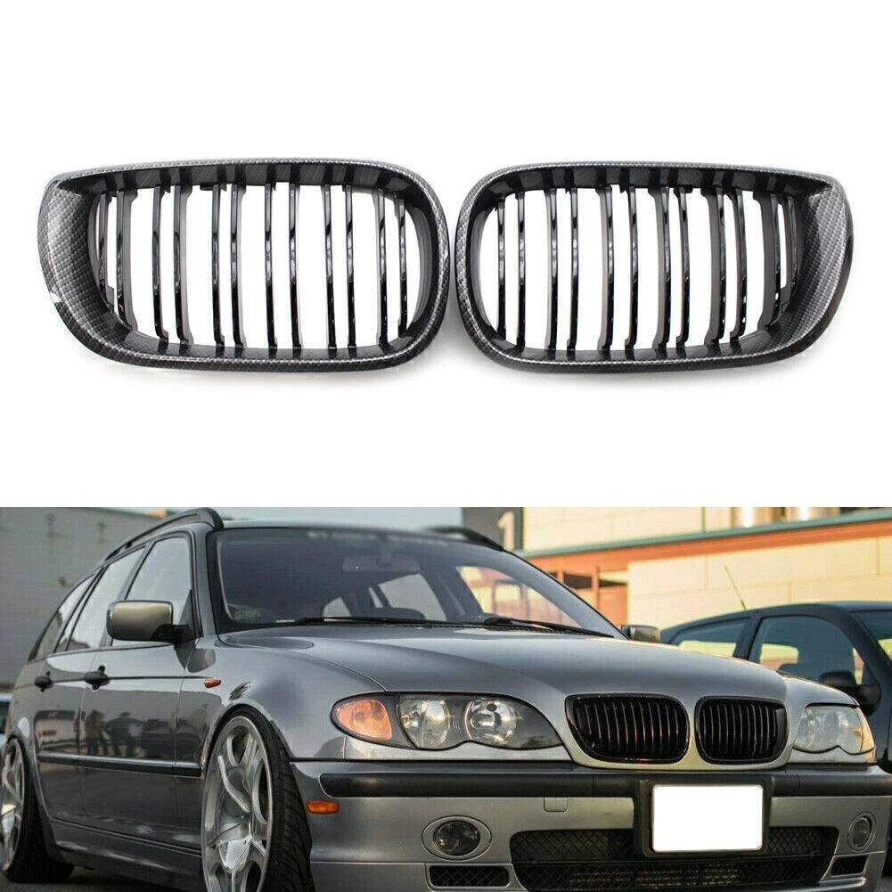 Front Kidney Grille Grill Double Slat For BMW E46 Sedan 02-05 Carbon Fiber Black