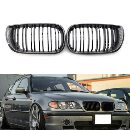 Front Kidney Grille Grill Double Slat For BMW E46 Sedan 02-05 Carbon Fiber Black
