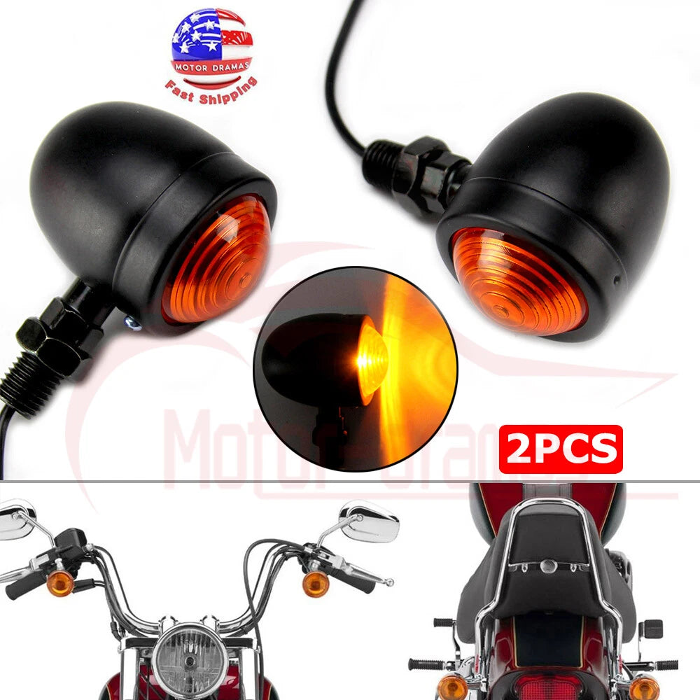 2pcs Black Motorcycle Metal Bullet Turn Signal Blinker Indicator Amber Light 12V