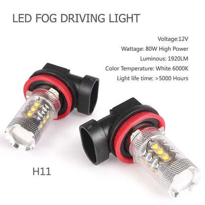 White 2 x H11 H8 H9 80W LED Fog Light Conversion Bulbs Driving Lamp DRL 6000K