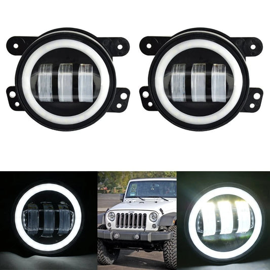 Pair 4" Inch Round LED Halo Fog Lights White DRL Lamp For Jeep Wrangler JK TJ LJ