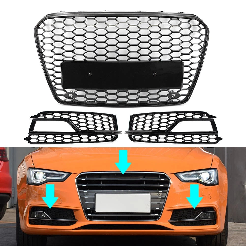 Black Front Bumper Honeycomb Grille Fog Light Grill Set For Audi A5 S5 2013-2017