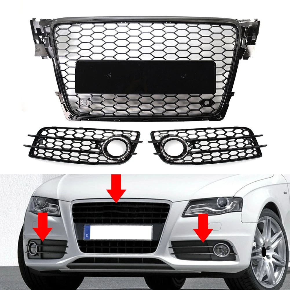 Honeycomb Front Bumper Grille Fog Light Grilles Set For Audi A4 09-12 Chrome&Blk