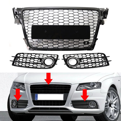 Honeycomb Front Bumper Grille Fog Light Grilles Set For Audi A4 09-12 Chrome&Blk