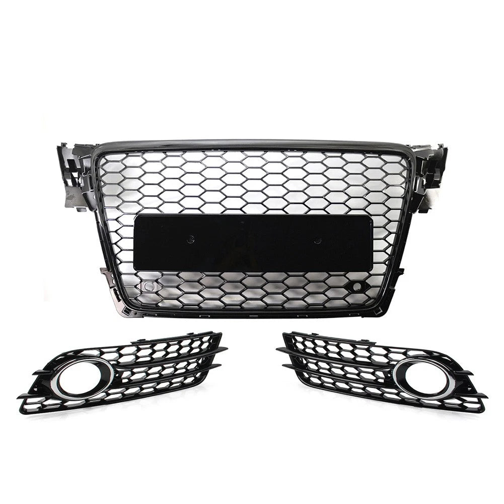 Honeycomb Front Bumper Grille Fog Light Grilles Set For Audi A4 09-12 Chrome&Blk