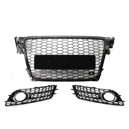 Honeycomb Front Bumper Grille Fog Light Grilles Set For Audi A4 09-12 Chrome&Blk