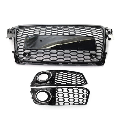 Front Honeycomb Grille Fog Light Covers Set For Audi A4 2009-12 Chrome and Black