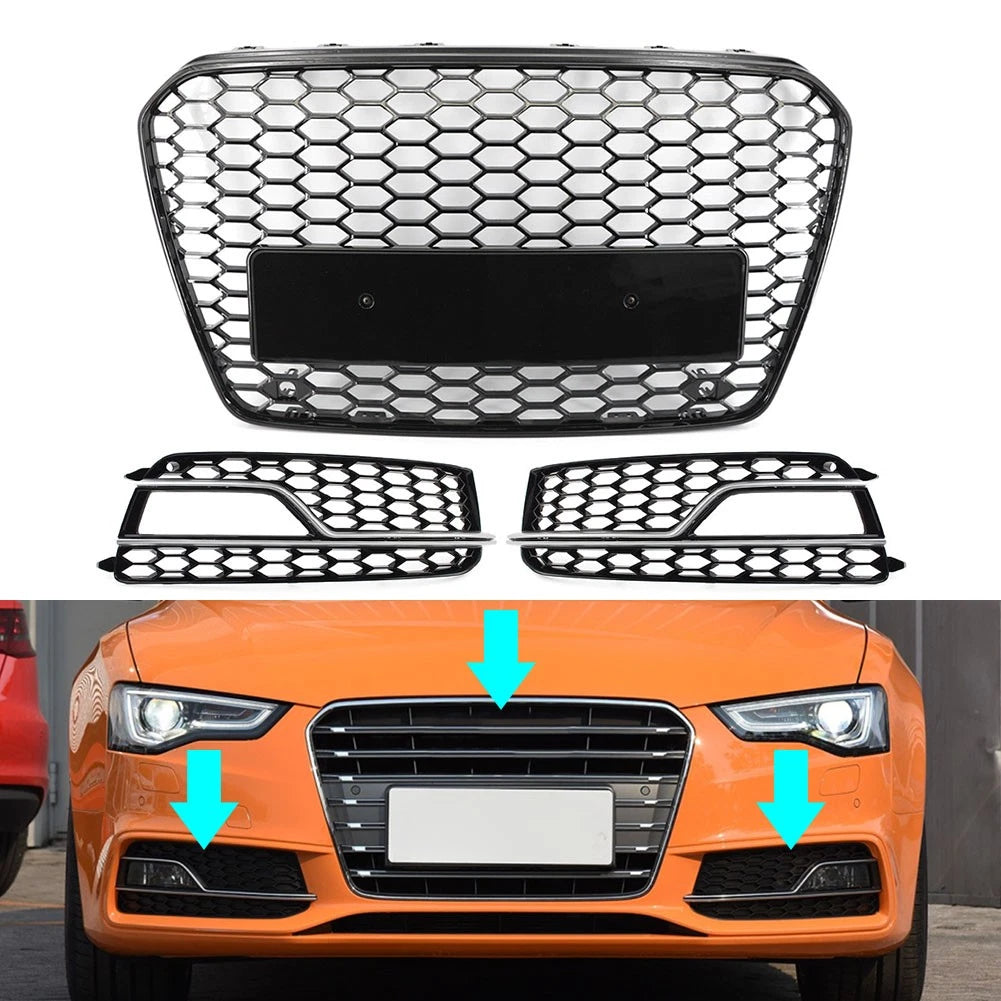 Front Bumper Honeycomb Grille Fog Light Grill Set For Audi A5 S5 2013-2017
