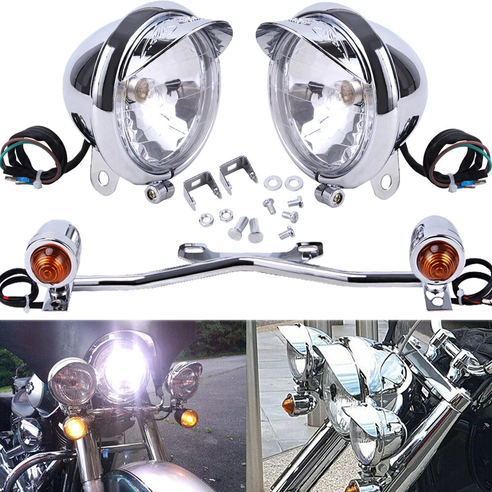 Motorcycle Passing Driving Fog Spot Light Bar w/ Turn Signals Bracket For Harley