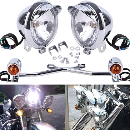 Motorcycle Passing Driving Fog Spot Light Bar w/ Turn Signals Bracket For Harley