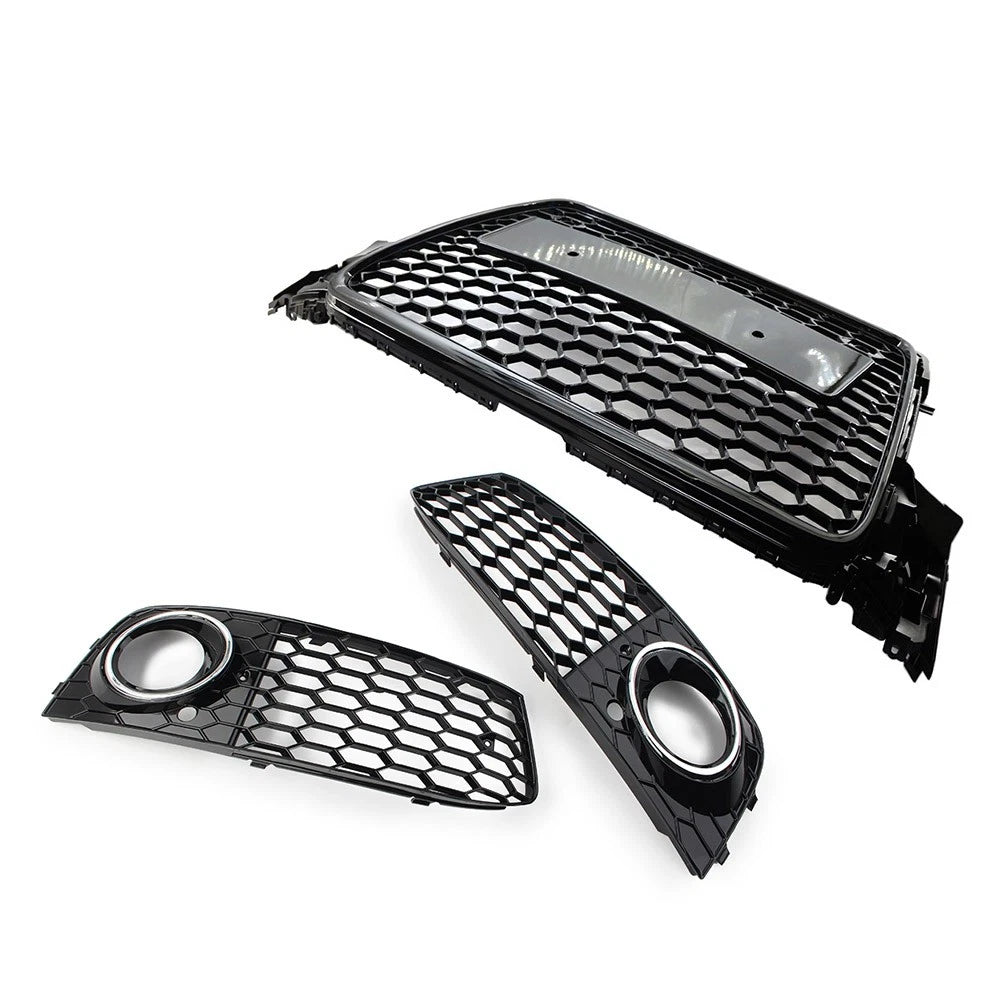 Front Honeycomb Grille Fog Light Covers Set For Audi A4 2009-12 Chrome and Black