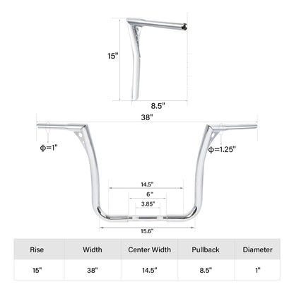 15" Rise 1.25" Ape Hanger Handlebar For Harley Electra Glide FLHT 1982-13 Chrome