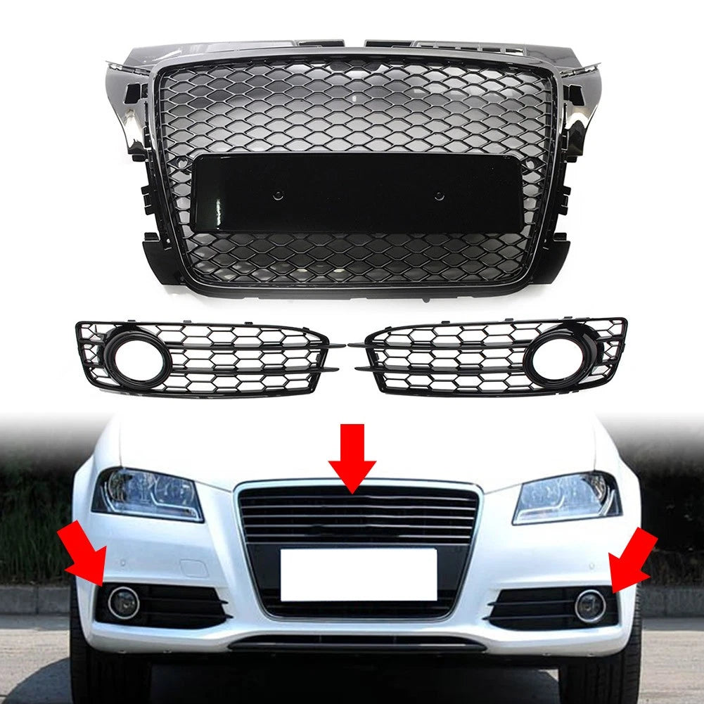 Black Front Honeycomb Grill Fog Light Cover Set For Audi A3 8P 2009-2012 2010
