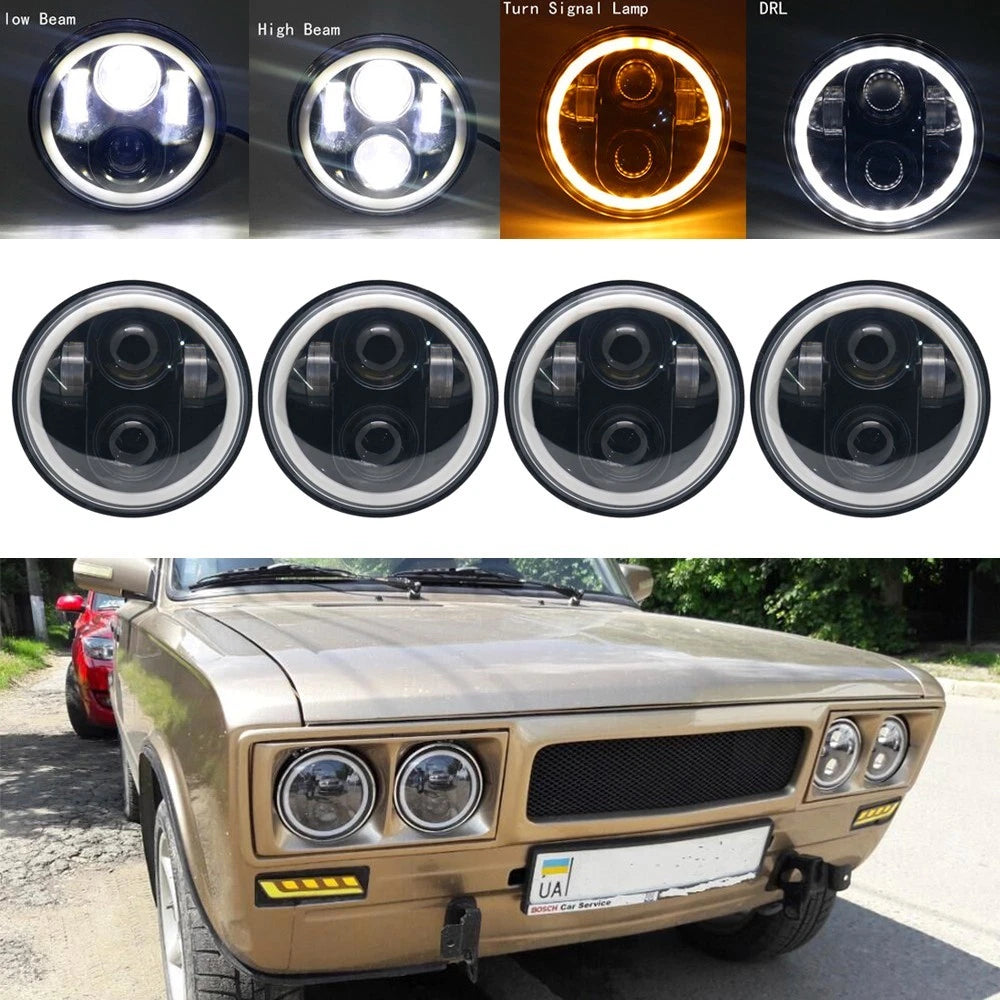4PC Car 5 3/4" 5.75 Inch Projector Round LED Headlights DRL Halo Ring Lamp Bulbs