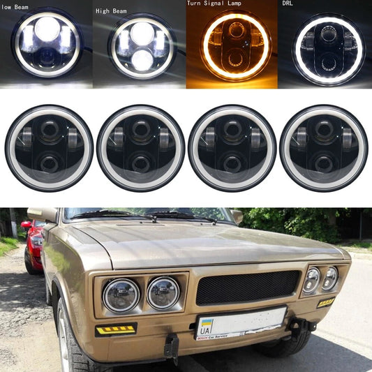 4PC Car 5 3/4" 5.75 Inch Projector Round LED Headlights DRL Halo Ring Lamp Bulbs