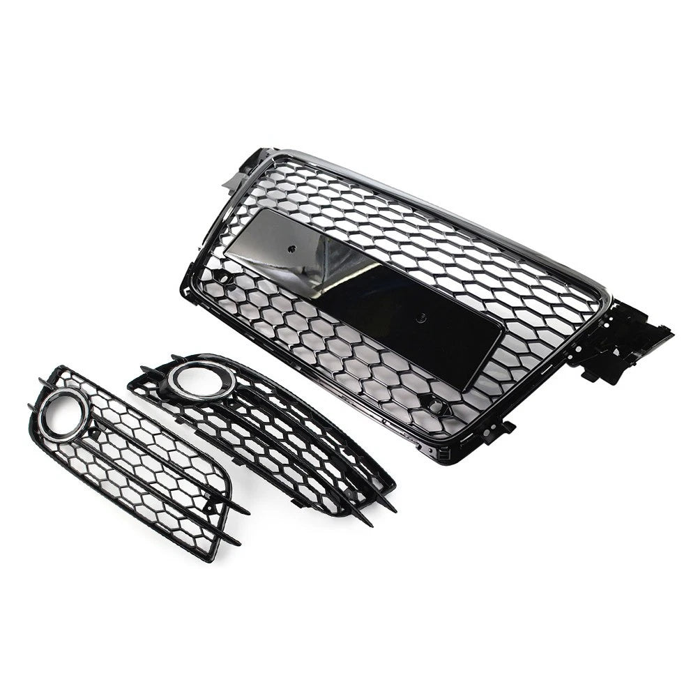 Honeycomb Front Bumper Grille Fog Light Grilles Set For Audi A4 09-12 Chrome&Blk