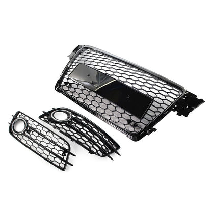 Honeycomb Front Bumper Grille Fog Light Grilles Set For Audi A4 09-12 Chrome&Blk