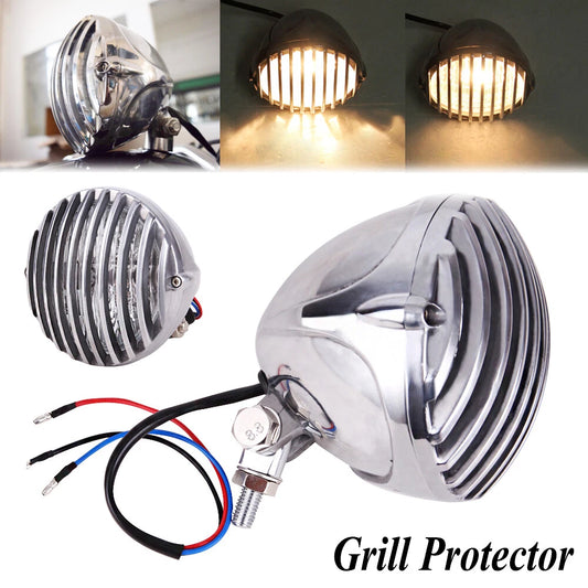 Chrome Headlight Light Finned Grill For Harley Chopper Bobber Cafe Racer Cruiser