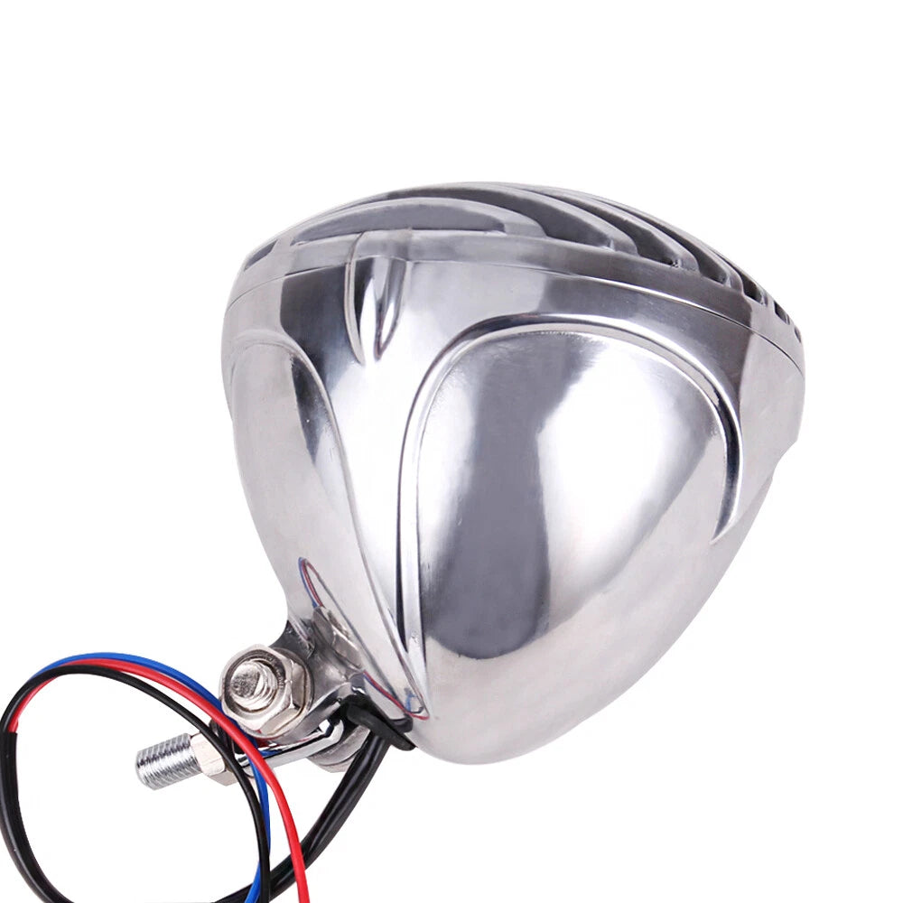 Chrome Headlight Lamp Finned Grill For Harley Chopper Bobber Cafe Racer Cruiser