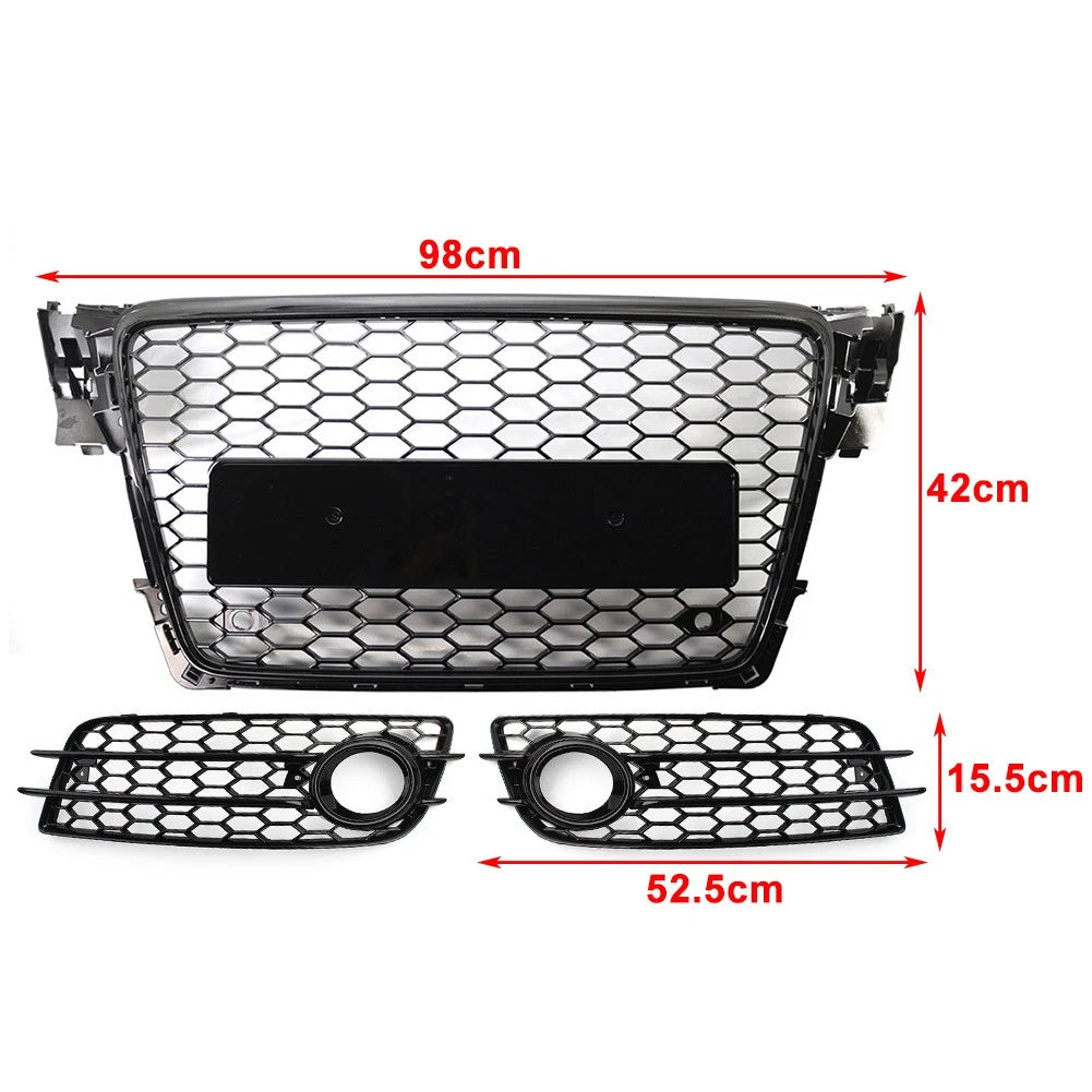 Honeycomb Front Bumper Grille Fog Light Grilles Set For Audi A4 09-12 Chrome&Blk