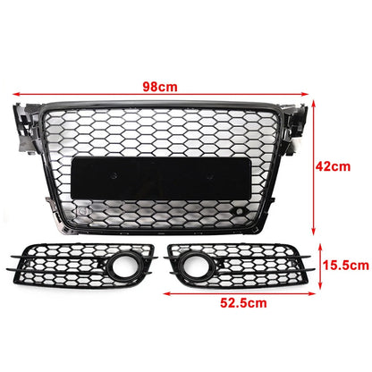Honeycomb Front Bumper Grille Fog Light Grilles Set For Audi A4 09-12 Chrome&Blk