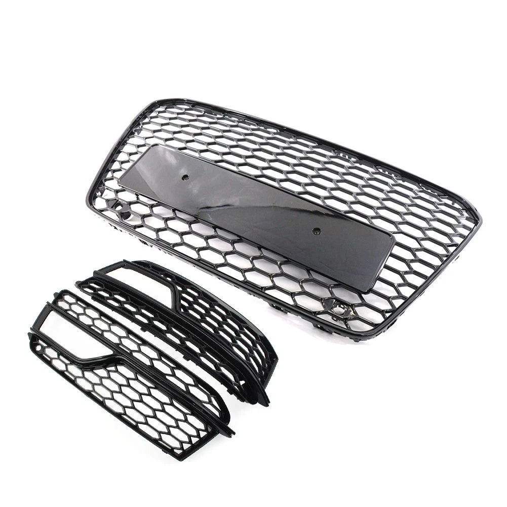 Black Front Bumper Honeycomb Grille Fog Light Grill Set For Audi A5 S5 2013-2017