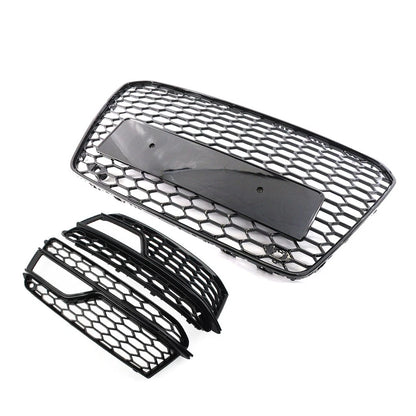 Black Front Bumper Honeycomb Grille Fog Light Grill Set For Audi A5 S5 2013-2017