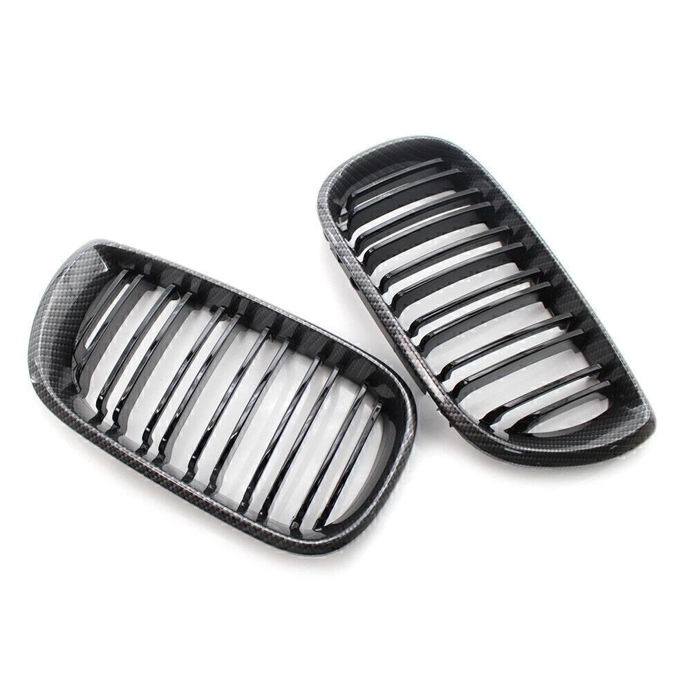 Front Kidney Grille Grill Double Slat For BMW E46 Sedan 02-05 Carbon Fiber Black