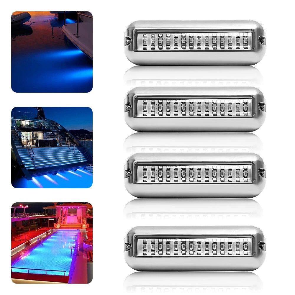 4PCS 42 LED Blue Stainless Steel Underwater Boat Marine Transom Lights Pontoon
