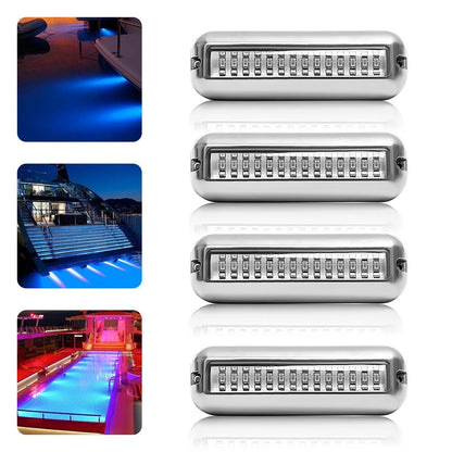 4PCS 42 LED Blue Stainless Steel Underwater Boat Marine Transom Lights Pontoon