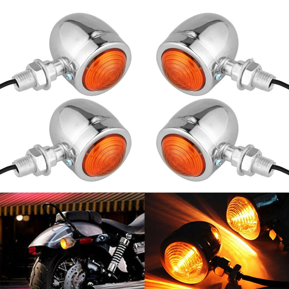 4PCS Vintage Motorcycle Tail Turn Signals Lights Amber Chrome Bullet For Harley