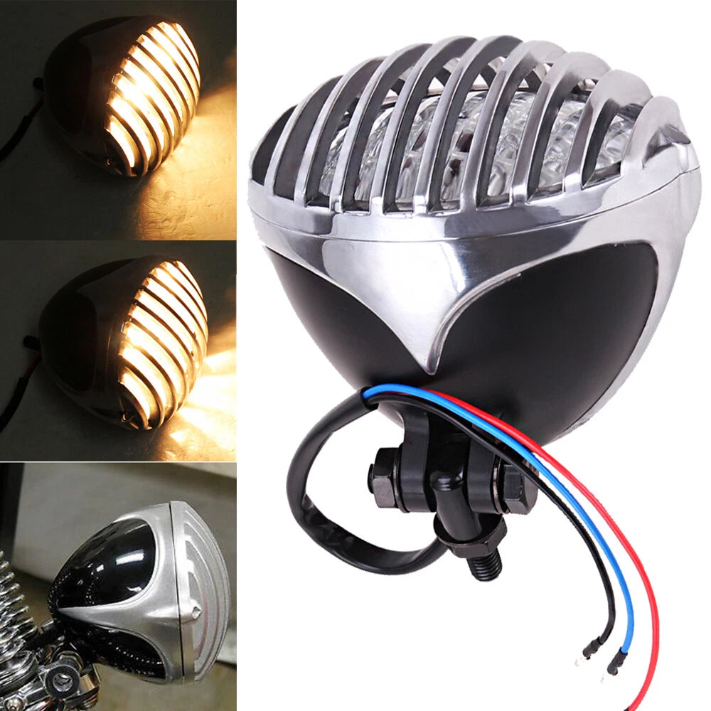 Motorcycle Headlight Finned Grill Lamp For Harley Cruiser Chopper Bobber Custom