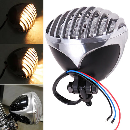 Motorcycle Headlight Finned Grill Lamp For Harley Cruiser Chopper Bobber Custom