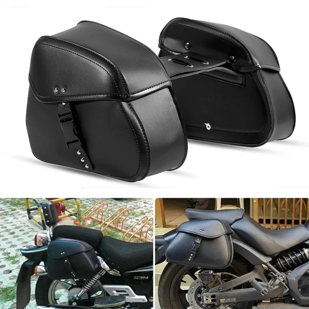 2PCS PU Leather Motorcycle Panniers Tool Bag Luggage Side Bags Saddle Bag Black