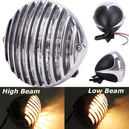 Motorcycle Headlight Finned Grill Lamp For Harley Cruiser Chopper Bobber Custom