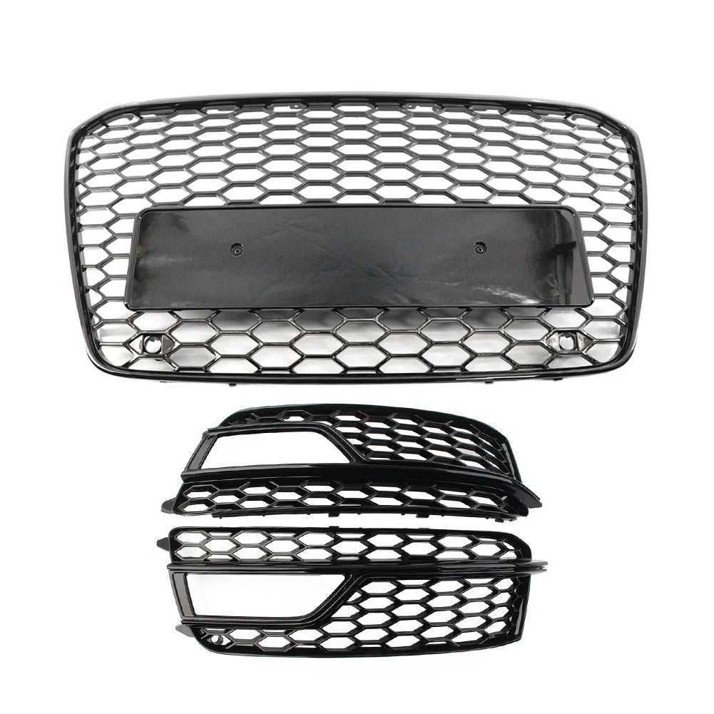 Black Front Bumper Honeycomb Grille Fog Light Grill Set For Audi A5 S5 2013-2017