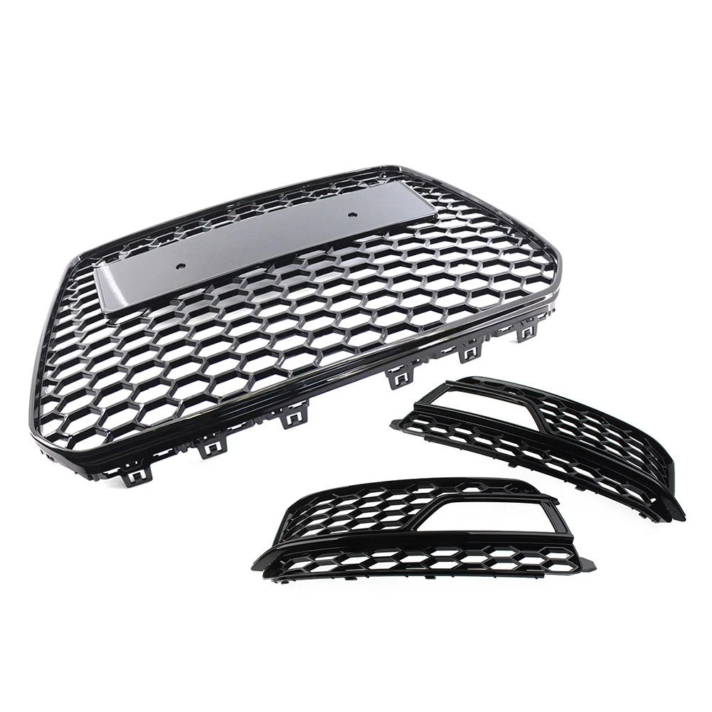 Black Front Bumper Honeycomb Grille Fog Light Grill Set For Audi A5 S5 2013-2017