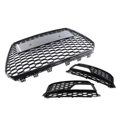 Black Front Bumper Honeycomb Grille Fog Light Grill Set For Audi A5 S5 2013-2017