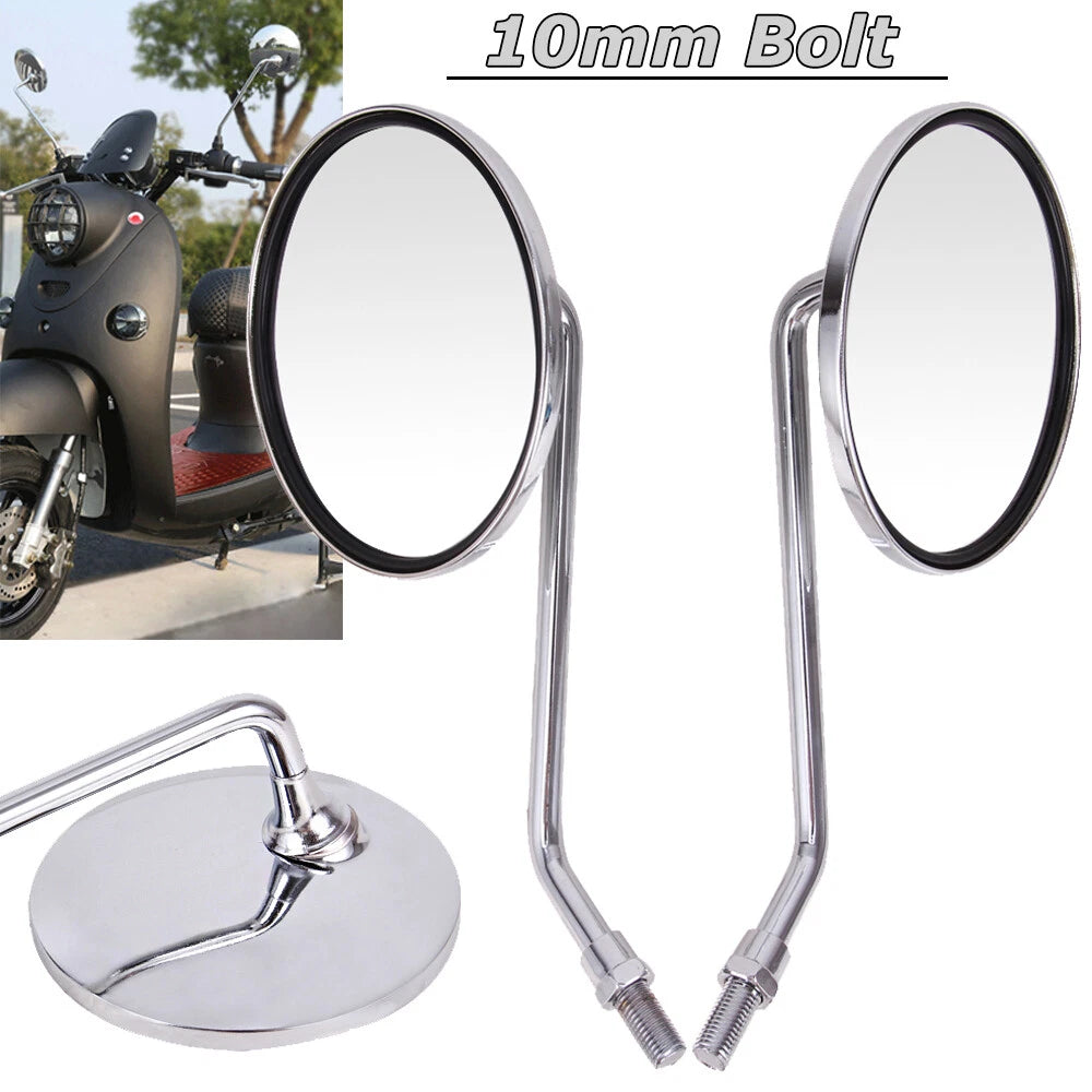Metal 10mm Chrome Long Stem Motorcycle Mirrors Round For Harley Honda Scooter US
