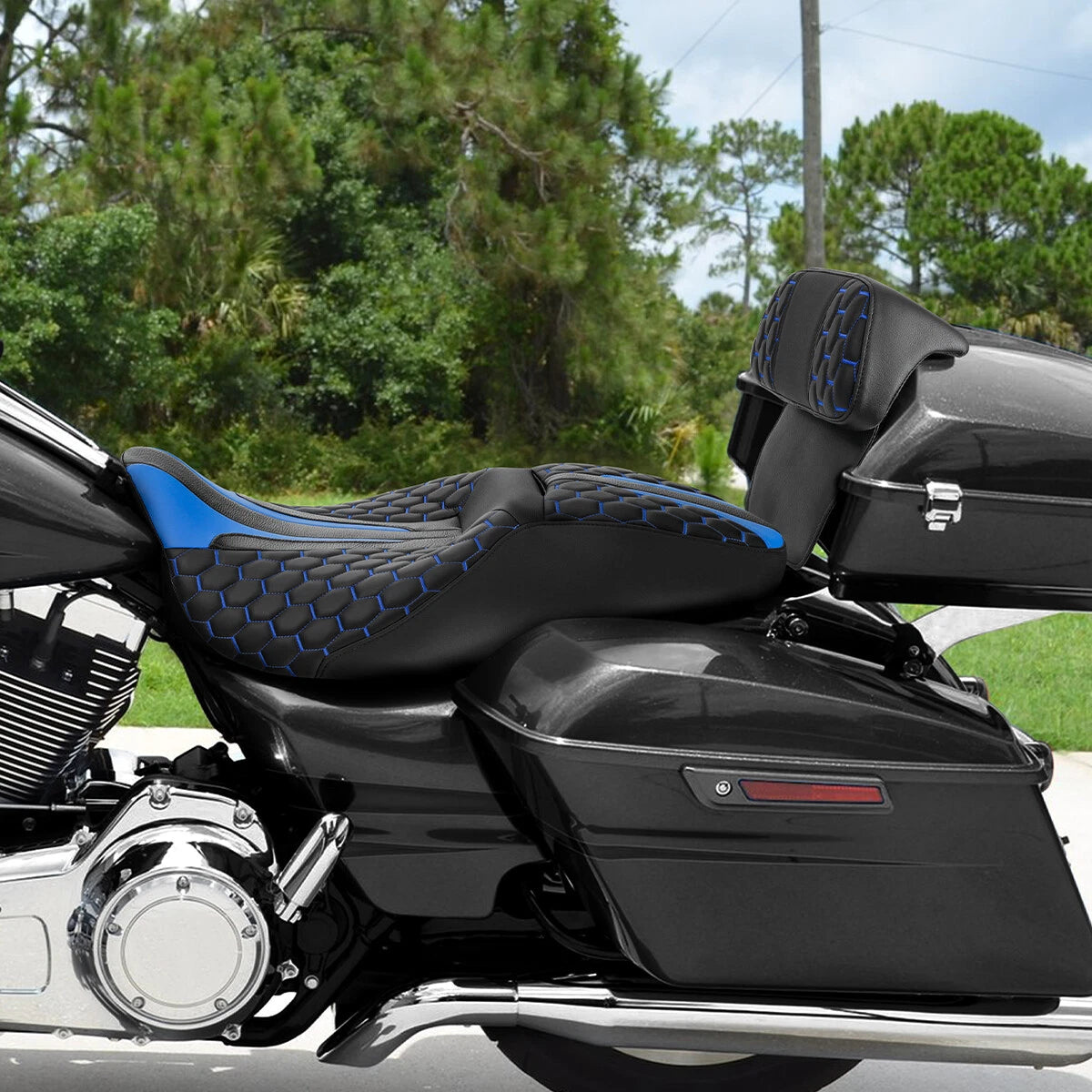 Black Blue Driver Passenger Seat Backrest Pad Fit For Harley Touring 14-23 15 16