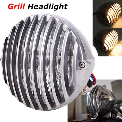 Chrome Motorcycle Finned Grill Headlight Lamp For Harley Chopper Bobber Custom