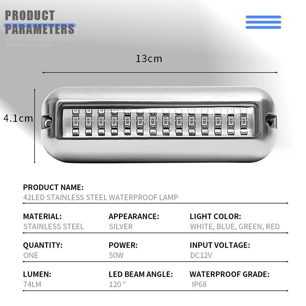 2X 42LED White Marine Boat Transom Lights Stainless Steel Underwater Pontoon 12V