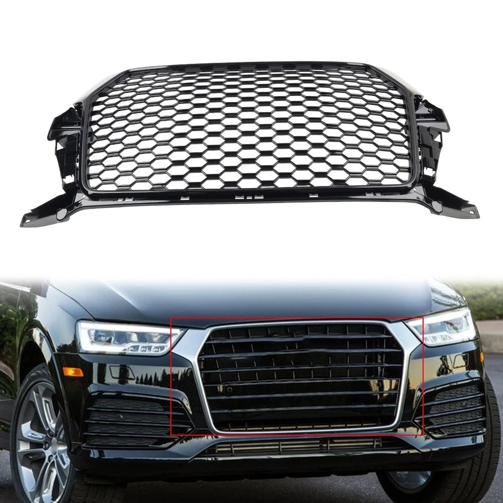 Front Bumper Honeycomb Grille Glossy Black For Audi Q3 2016-2018